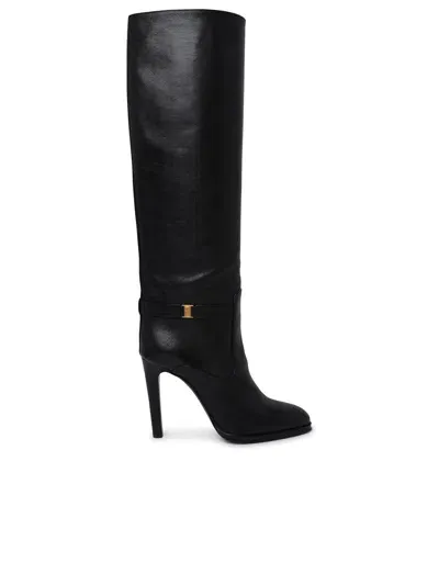 Saint Laurent Diane Buckled Glossed-leather Knee Boots In Black