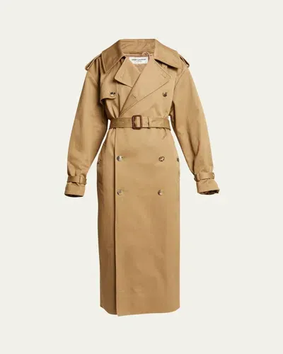 Saint Laurent Full-length Belted Trench Coat In Beige