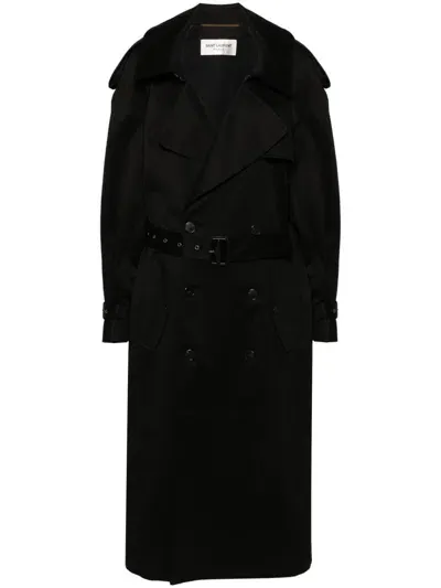 Saint Laurent Gabardine-weave Trench Coat In Black