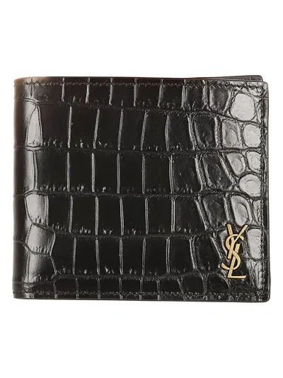 Saint Laurent Initials Side Logo Skinned Bi-fold Wallet In Black