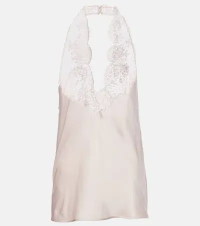 Saint Laurent Lace-trimmed Halterneck Silk Charmeuse Top In Nude & Neutrals