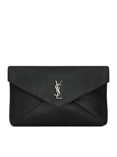 Saint Laurent Large Cassandre Envelope Clutch In Hammered Lambskin In Black