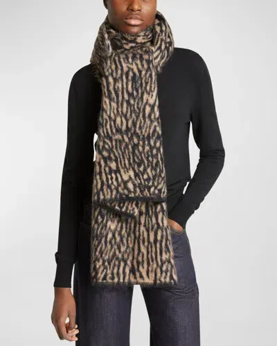 Saint Laurent Leopard Mohair And Wool Scarf In Beige Black