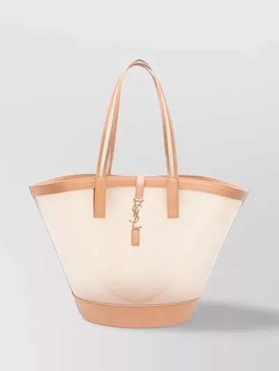 Saint Laurent Medium Vinyl And Vegetable Tanned Leather Tote Bag In Cream