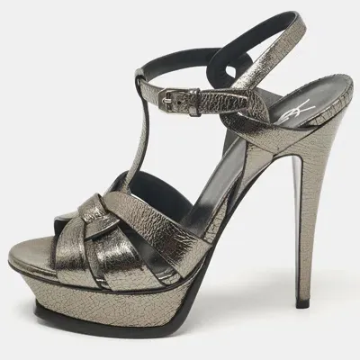 Pre-owned Saint Laurent Metallic Leather Tribute Ankle Strap Sandals Size 38