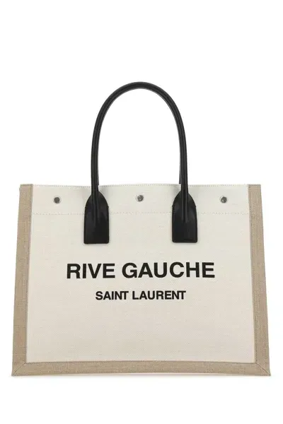 Saint Laurent Sand Canvas Big Rive Gauche Shopping Bag In Gregeblacknatural