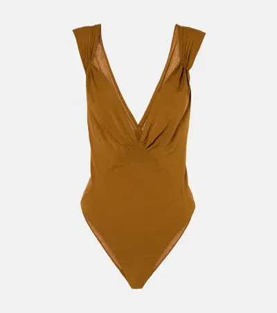 Saint Laurent Silk-blend Muslin Bodysuit In Brown