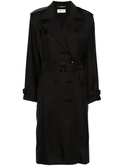 Saint Laurent Silk Trench Coat In Black