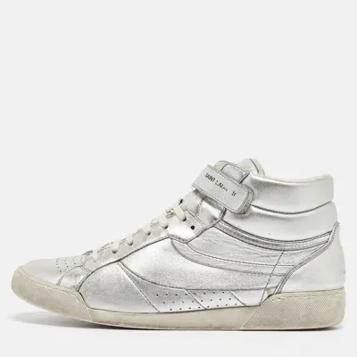 Pre-owned Saint Laurent Silver Foil Leather Perforated High Top Sneakers Size 43.5