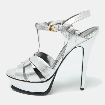 Pre-owned Saint Laurent Silver Leather Tribute Platform Sandals Size 38