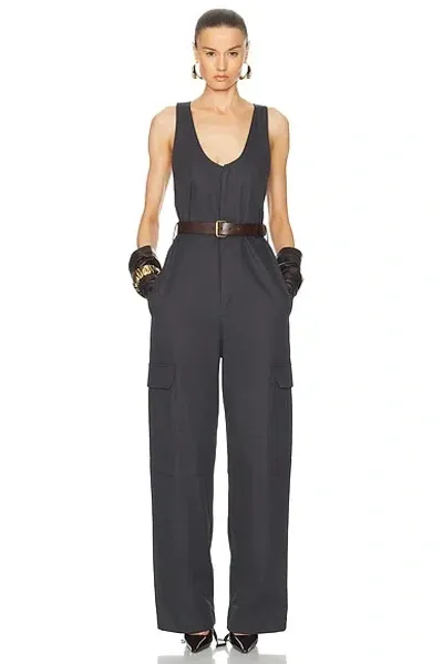 Saint Laurent Cassandre Belted Cotton Jumpsuit In Gris Fonce