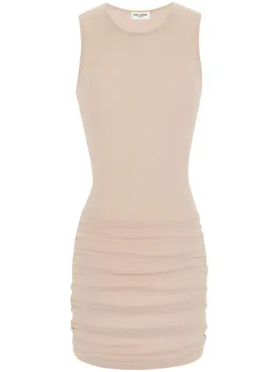 Saint Laurent Sleeveless Tulle Minidress In Beige