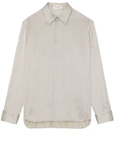 Saint Laurent Striped Silk Shirt In Craie Marine