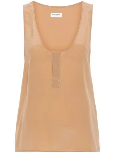 Saint Laurent Sleeveless Silk Top In Beige