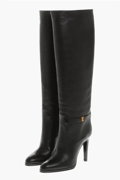 Saint Laurent Textured Leather Pull-on Boots With Ankle Strap 11cm In Black