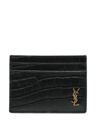 Saint Laurent "tiny Cassandre" Croc Leather Card Holder In Black