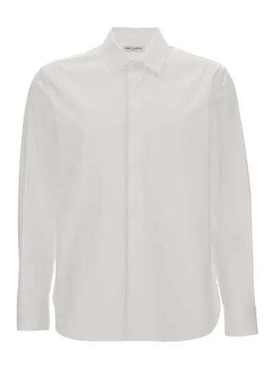 Saint Laurent White Pointed Collar Long Sleeve Shirt In Cotton Man