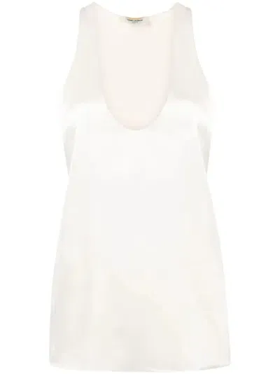 Saint Laurent Sleeveless Satin-finish Silk Blouse In White