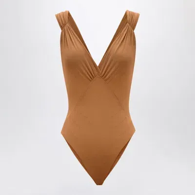 Saint Laurent Women's Silk-blend Crossover Bodysuit In Brown