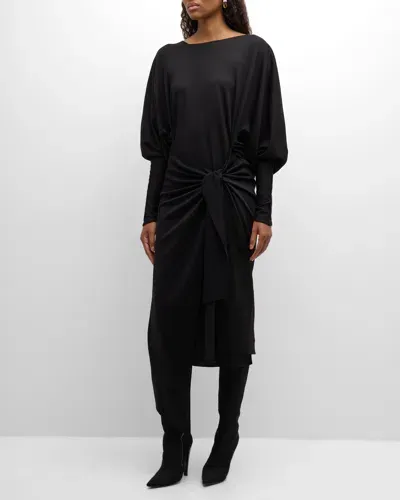 Salon 1884 Calliope Draped Asymmetric Wool Dress In Black