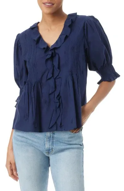 Sam Edelman Althea Embroidered Ruffle Neck Top In Navy