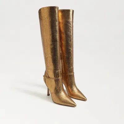 Sam Edelman Elia Pointed Toe Knee High Boot Gold Snake Embossed Leather