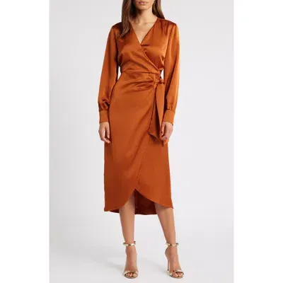 Sam Edelman Fluid Long Sleeve Satin Faux Wrap Midi Dress In Copper