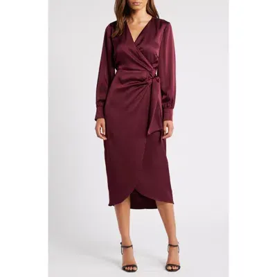 Sam Edelman Fluid Long Sleeve Satin Faux Wrap Midi Dress In Wine