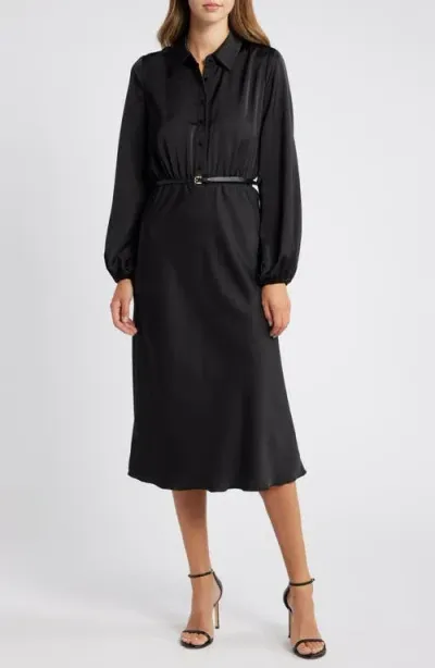 Sam Edelman Fluid Long Sleeve Satin Midi Shirtdress In Black