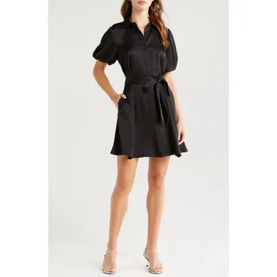 Sam Edelman Puff Sleeve Satin Mini Shirtdress In Black