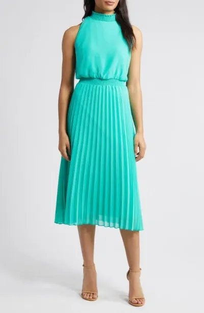 Sam Edelman Smocked Plissé Midi Dress In Turquoise