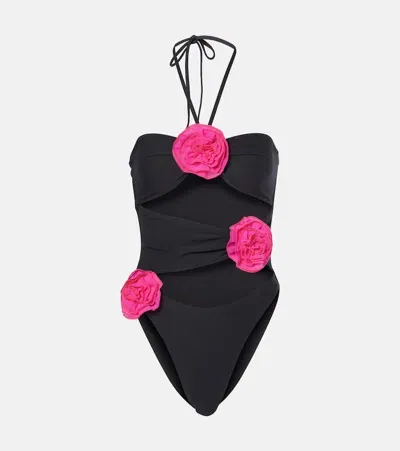 Same Floral-appliqué Cutout Swimsuit In Black