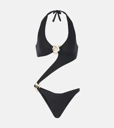 Same Spiral Cutout Halterneck Swimsuit In Faux Suede Black