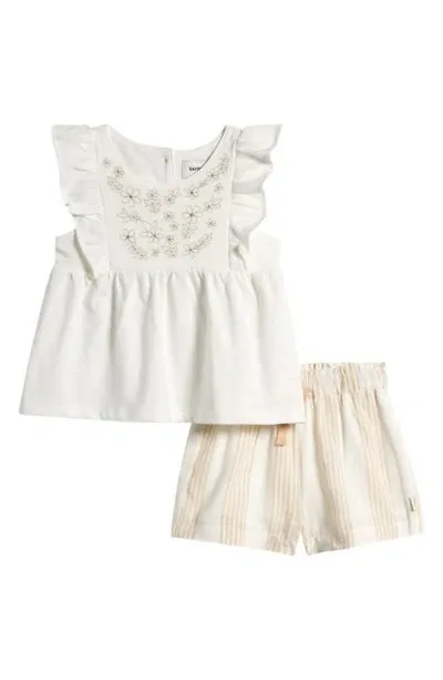 Sammy + Nat Babies'  Floral Embroidered Ruffle Top & Striped Shorts Set In Tan