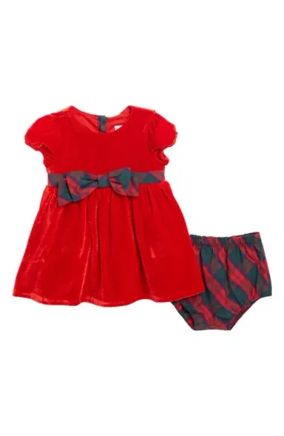 Sammy + Nat Babies'  Plaid Trim Velvet Party Dress & Bloomers In Savvy Red