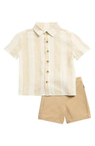 Sammy + Nat Babies'  Stripe Button-up Shirt & Shorts Set In Tan