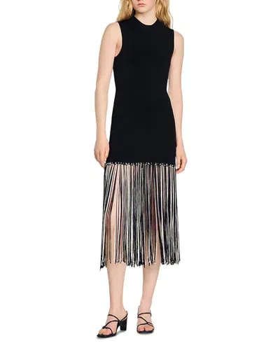 Sandro Bambie Fringe Hem Dress In Black Ecru