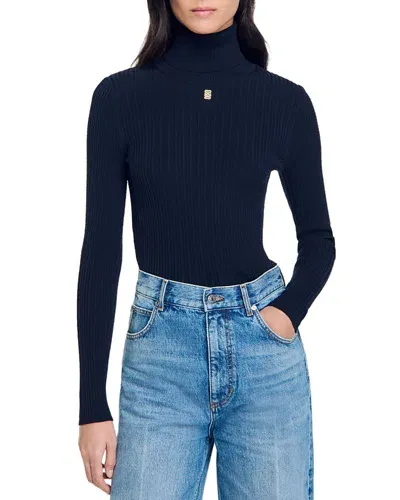 Sandro Cable Knit Turtleneck Sweater In Navy Blue