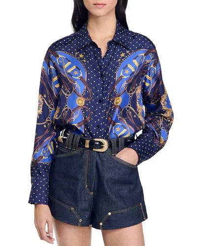 Sandro Carmen Silk Blouse In Navy/gold