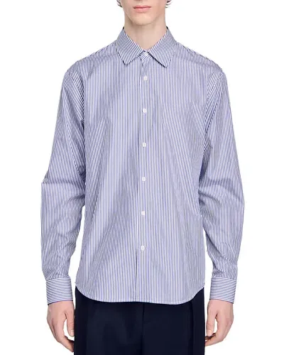 Sandro Cotton Stripe Button Down Shirt In Blue