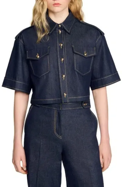 Sandro Denim Shirt In Deep Blu