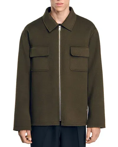 Sandro Dual Pocket Overshirt Jacket In Olive Green