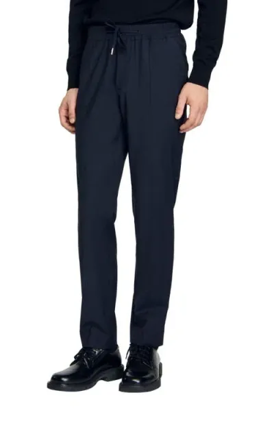 Sandro Elasticated Straight-leg Trousers In Navy Blue