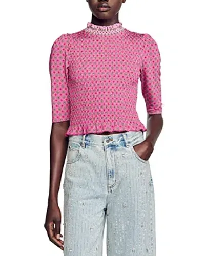 Sandro Tie-print Smocked Blouse In Pink