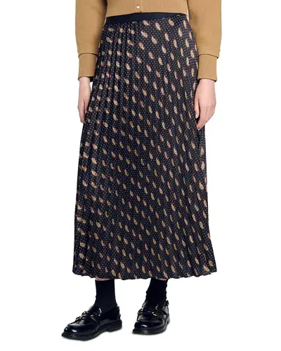 Sandro Helena Printed Midi Skirt In Mustard/burgundy