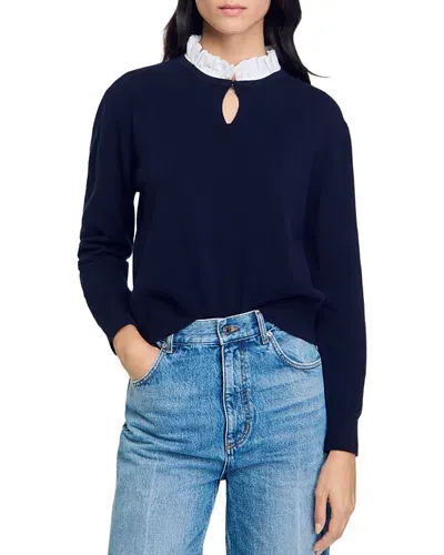 Sandro Ruffled Wool And Cashmere Sweater In Navy Blue