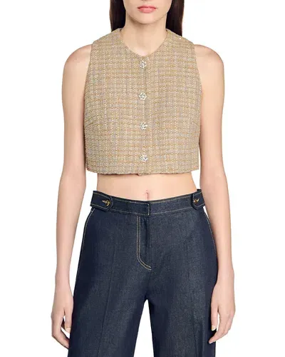 Sandro Javier Tweed Crop Top In Camel