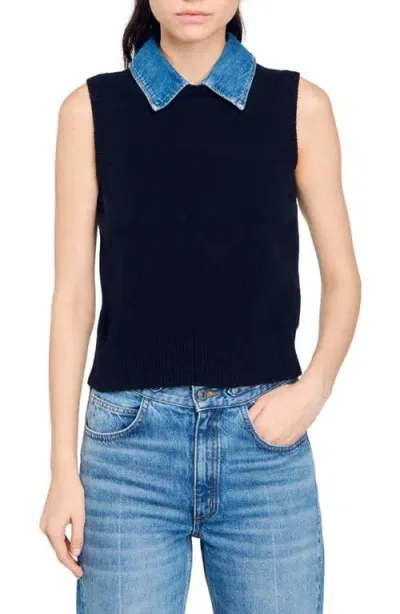 Sandro Detachable-collar Knitted Top In Navy Blue