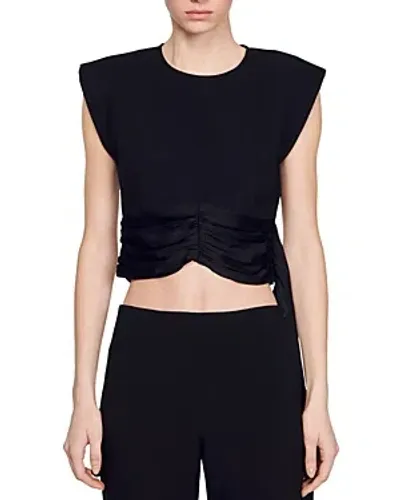 Sandro Lawn Mixed Media Crop Top In Black