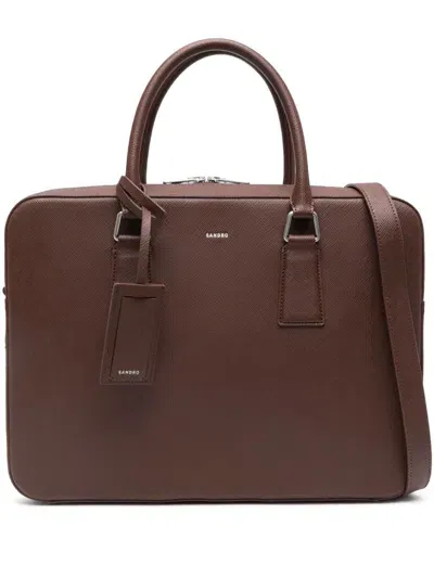 Sandro Logo-print Leather Briefcase In Brown